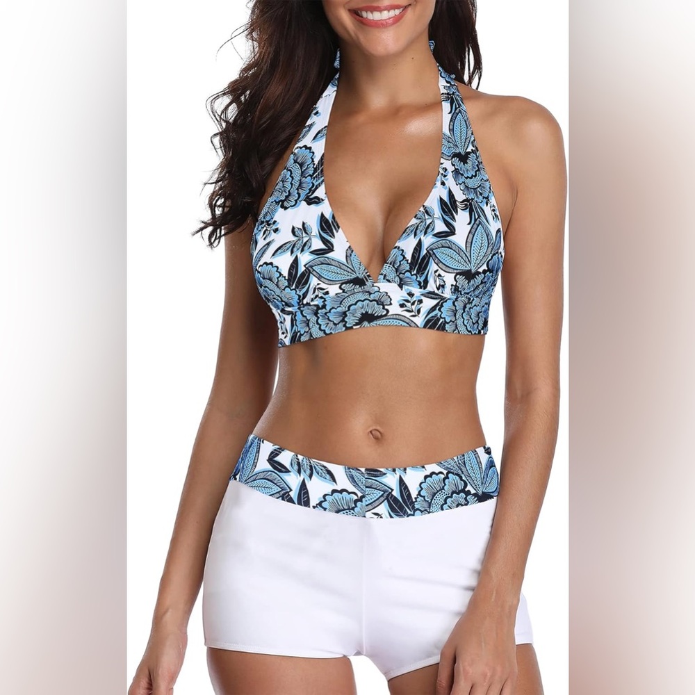 Womens Top Swimsuits with Boy Shorts Tummy Control Modest Plus Size 2XL‎